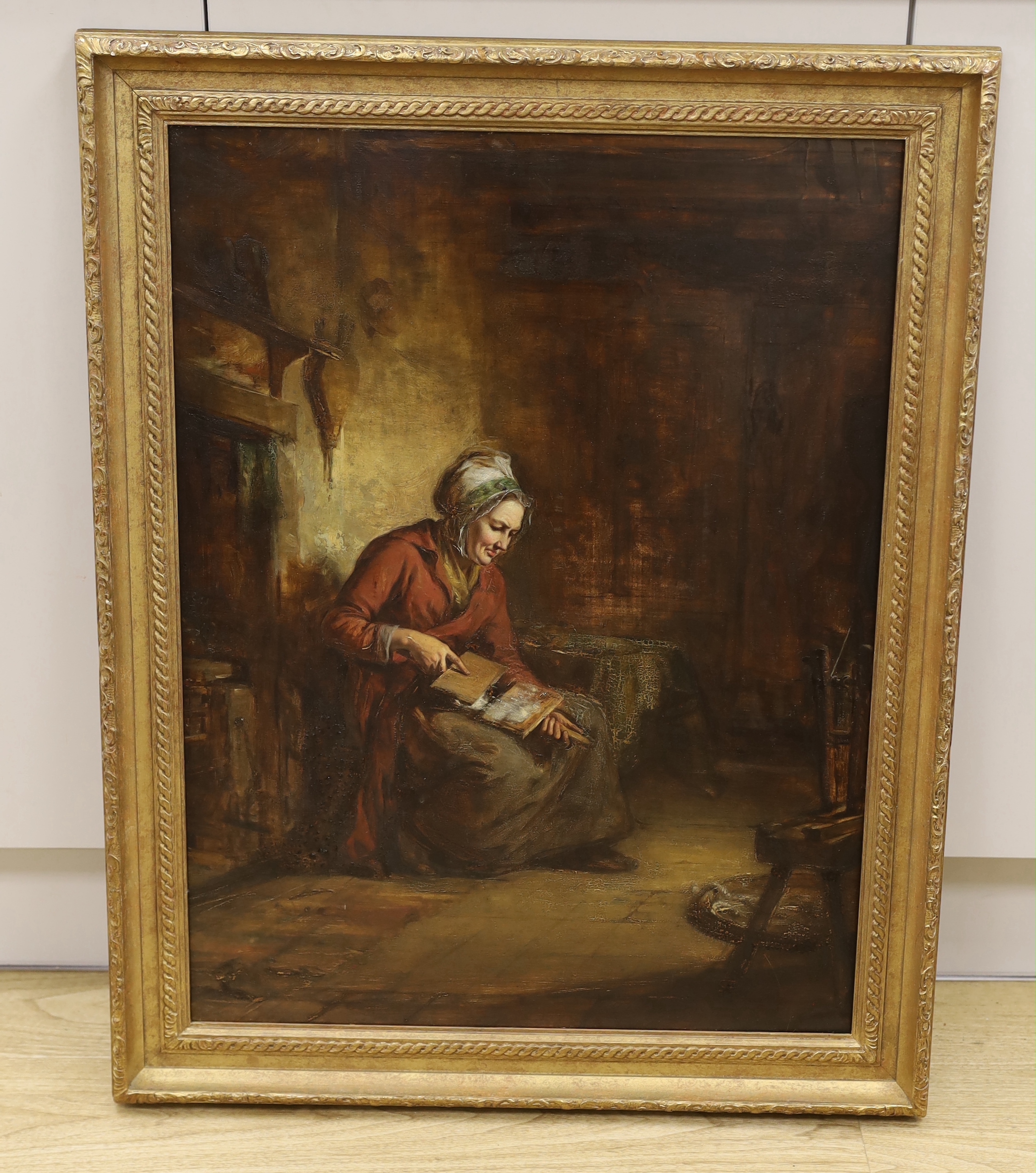 Robert Thorburn Ross (1816-1876) oil on board, 'Carding', signed and dated, label and indistinct ink inscription verso, 70 x 53cm